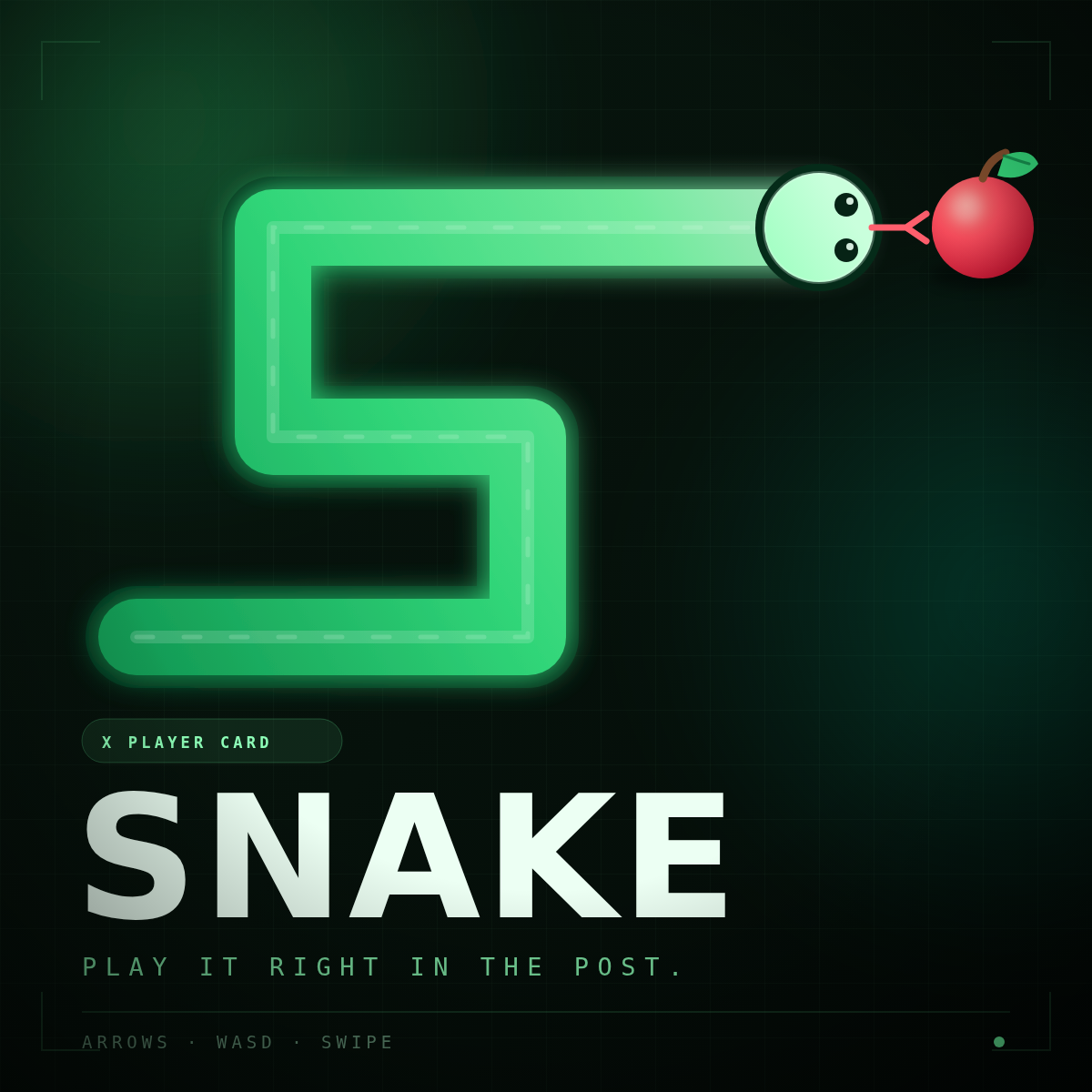 Snake player card poster: a neon green snake chasing a red apple on a dark grid.